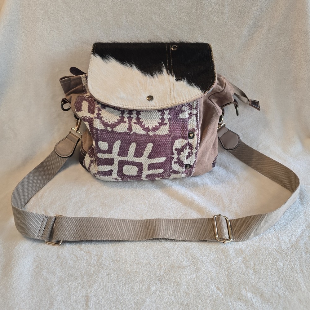 Myra Bag Pink Canvas Cowhide Leather Western Crossbody Bag Purse Flap *read